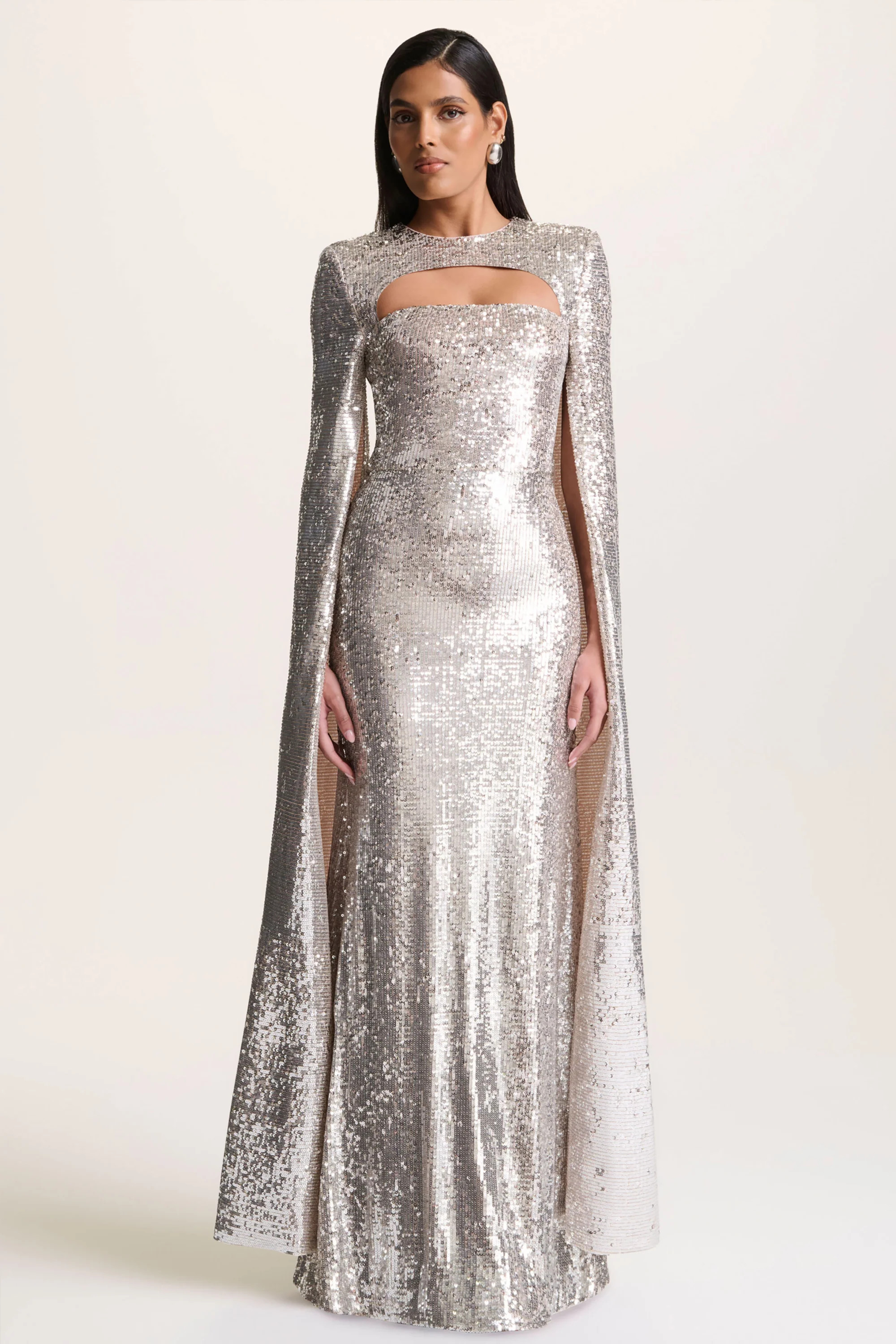 Devora  Silver Sequin Crew-Neck Maxi Dress With Cape Sleeves | Club L London