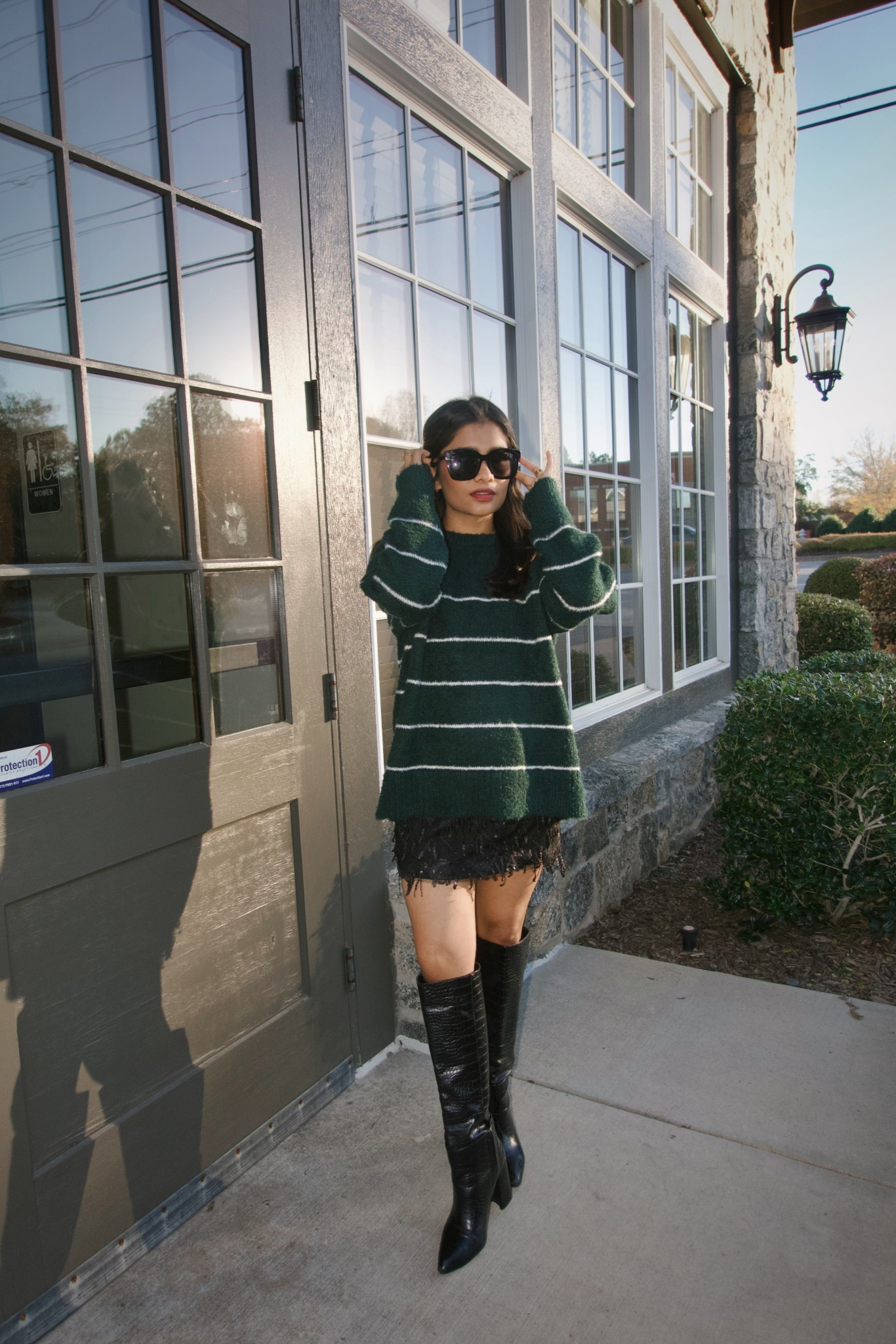 Holiday friendly petite outfit: soft dark green sweater paired with sequins skirt. Wearing medium in sweater.

#LTKHoliday #LTKPetite #LTKFindsUnder50