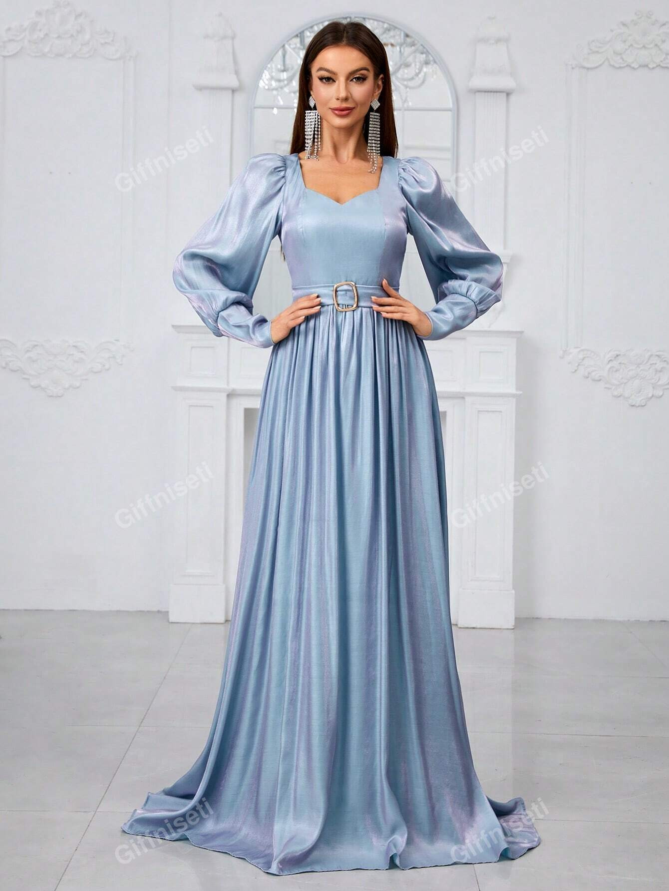 Giffniseti Women'S Satin Sweetheart Neckline Lantern Sleeve Pleated Dress With Belt For Prom | SH... | SHEIN