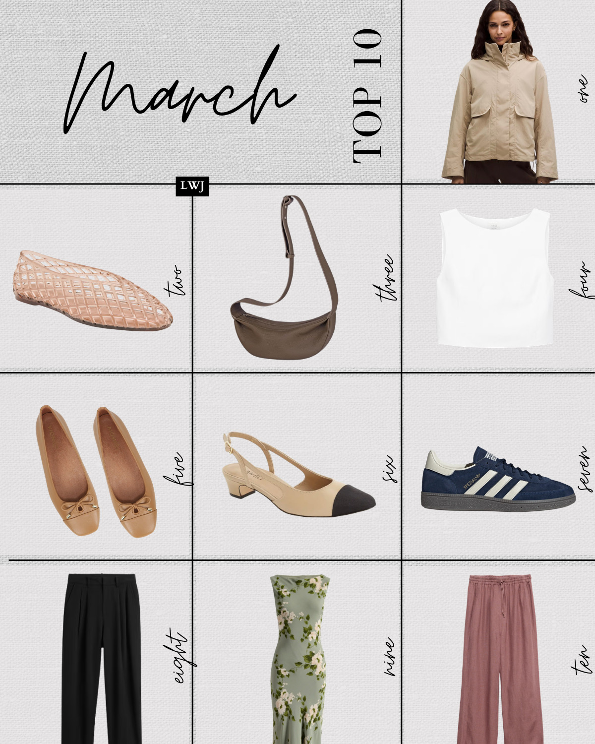 top 10 bestsellers for march

1. lululemon always effortless rain jacket 
2. dolce vita jelly ballet flats 
3. amazon leather crossbody 
4. aritzia poplin top 
5. vionic ballet flats -- have arch support 
6. aliz slingbacks 
7. adidas handball spezial sneakers 
8. gap ankle trousers 
9. reformation dress
10. banana republic linen pull-on pants 

 #LTKSeasonal
