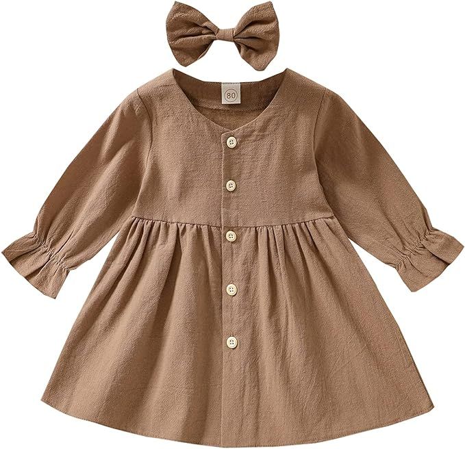 Kupretty Toddler Baby Girl Cotton Linen Fall Dress Plain Long Sleeve Button Down Kids Princess Pa... | Amazon (US)