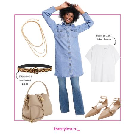 Styling a dress over jeans in double denim. Flat nude shoes, nude bag, leopard print belt, simple jewellery, white T-shirt, spring outfit idea, brunch outfit idea, casual outfit, petite, plus size, everyday style. Simple outfit .

#LTKSeasonal #LTKFind #LTKunder100