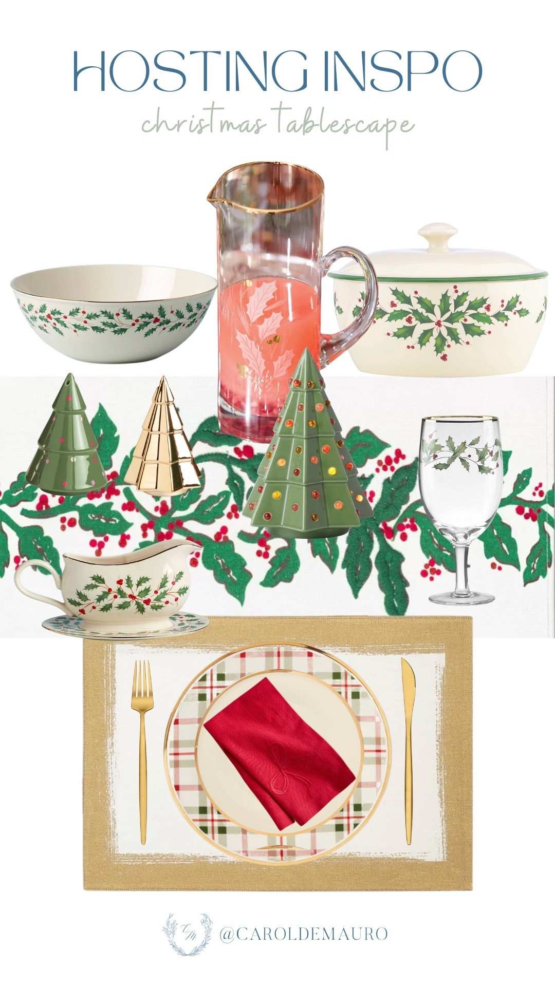 Getting the table ready for a holiday feast! Obsessed with the traditional vibes of the holly and berry serving dishes mixed with that pop of gold from the placemats and flatware. And how cute are those decorative tree cones and salt & pepper shakers?!

table setting, holiday hosting, entertaining at home, christmas tablescape, dinner party, dinnerware, festive decor inspo, hosting hacks, lenox

#LTKSeasonal #LTKFindsUnder50 #LTKHome