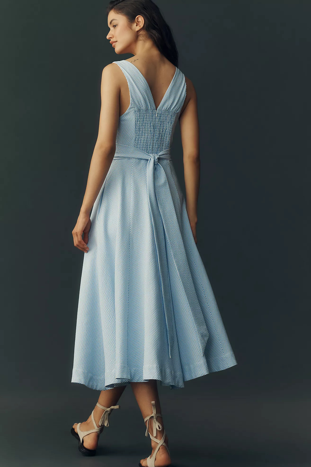 Maeve Sleeveless V Neck Seersucker Midi Dress | Anthropologie (US)