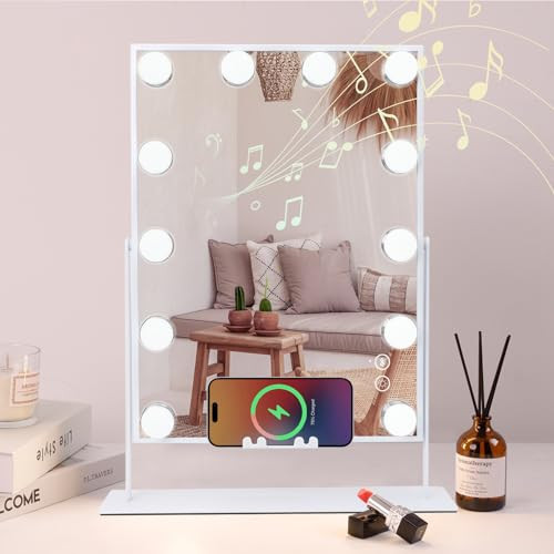 COOLJEEN Vanity Mirror with Lights and Bluetooth, Wireless Charging Lighted Vanity Mirror with Phone Holder, 12-Bulb 3 Color Lighting Tabletop Lighted Makeup Mirror, 360°Rotation | Amazon (US)