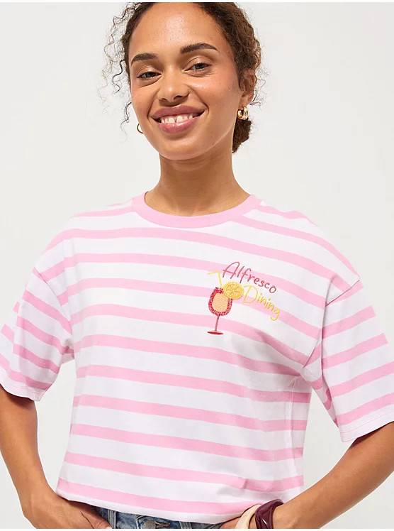 Pink Striped Embellished Cocktail T-shirt | George