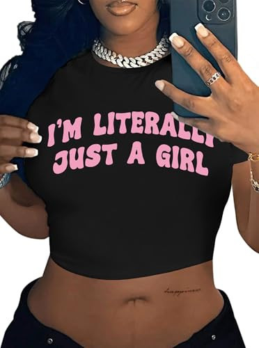 LovelyWholesale Women Graphic Crop Tops Letter Print Short Sleeve Tee Summer Sexy T Shirt Black P Just A Girl Small | Amazon (US)