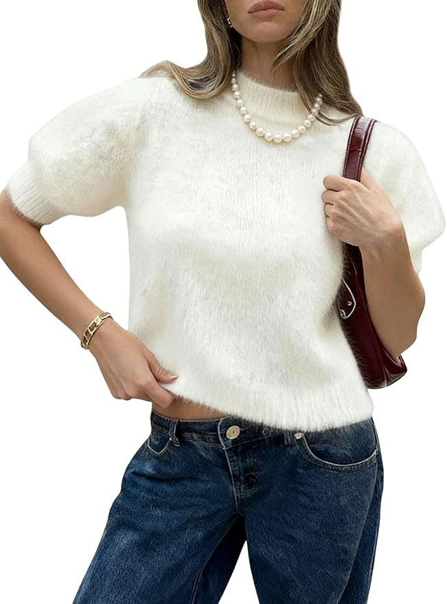 Verdusa Women's Furry Fuzzy Sweater Puff Short Sleeve Pullover Knit Sweater Cropped Sweaters | Amazon (US)