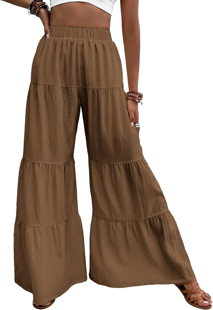 WDIRARA Women's Flowy Boho Elastic High Waist Ruffle Hem Wide Leg Beach Loose Palazzo Pants | Amazon (US)