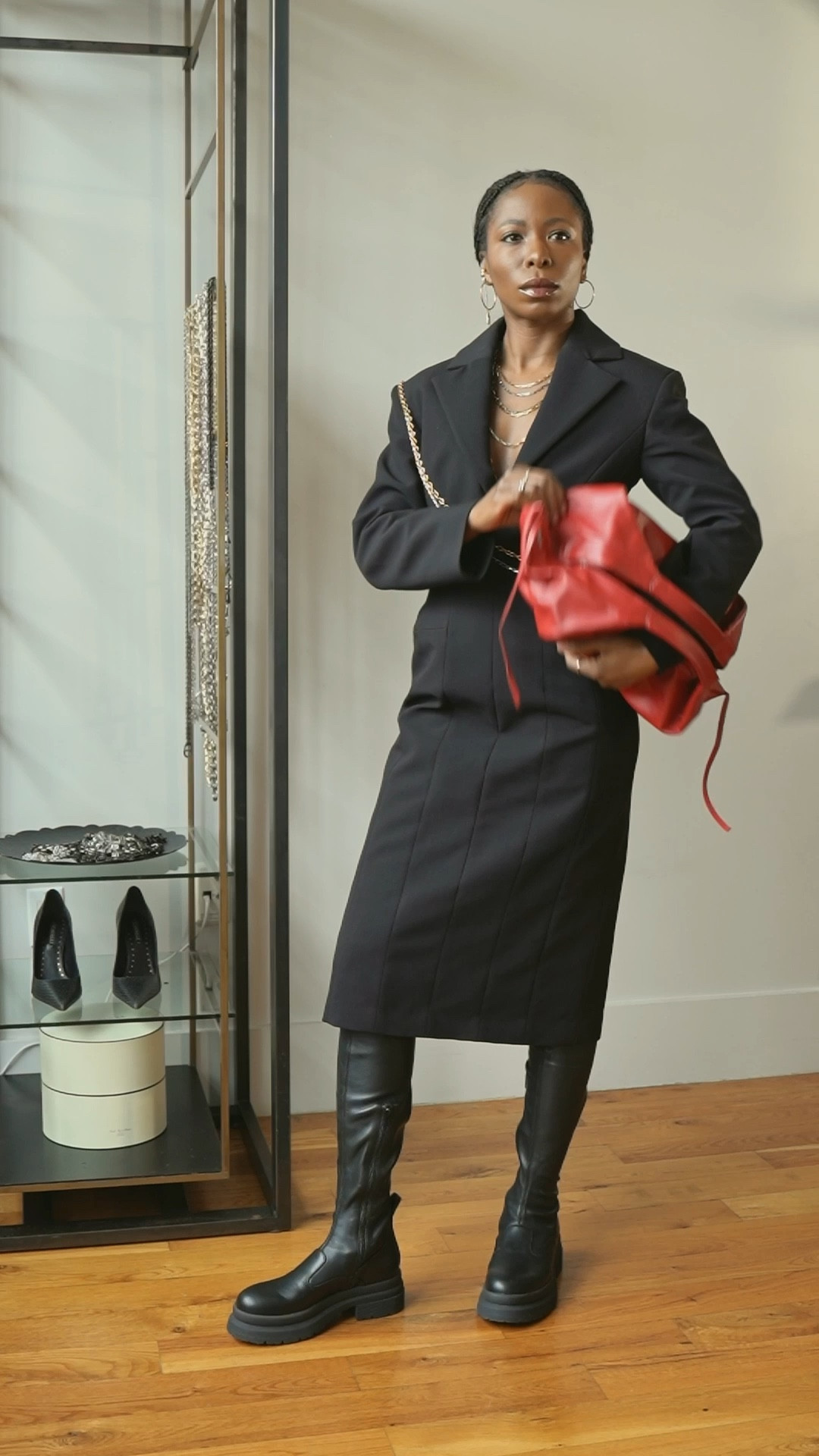 Tailored blazer dress. Over-the-knee lug boots. A statement bag.

The blazer dress creates vertical drama. OTK boots extend the leg line without cutting the silhouette.
Layered mixed metal chains soften the sharp tailoring at the neckline. The Red bag is the punctuation mark.

When minimalism needs an edge.

Jewelry by Lapo Lounge 

#LTKgrwm #LTKootd #LTKWorkwear