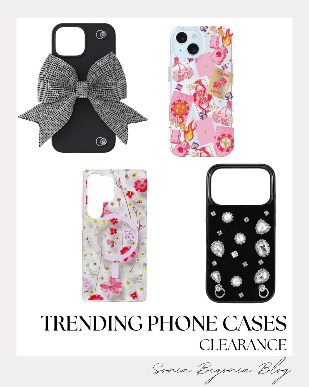 ACCESSORIES of the Day: Bows, Bling, & Floral Cases! 📱

Embrace the trending coquette aesthetic with this perfectly balanced collection of phone accessories! ✨

We are obsessed with the statement piece: a sleek black phone case featuring a massive, shimmering rhinestone bow detail. Balance the bold sparkle with a variety of chic, modern designs, including a romantic pressed floral clear case and a playful pink "Lucky" deck-of-cards pattern. Finish the look with high-shine glam: a sophisticated black velvet case adorned with various teardrop and round gemstones for a touch of polished, everyday luxury!

#TrendingAccessories
#PhoneCaseStyle
#CoquetteAesthetic
#BowTrend
#RhinestoneDetails
#FloralPhoneCase
#BlingAccessories
#TechStyle
#ClearanceDeals
#EverydayChic
#LTKStyle
#LTKUnder20
#AccessoriesInspo
#SparkleStyle

#LTKGiftGuide #LTKFindsUnder50