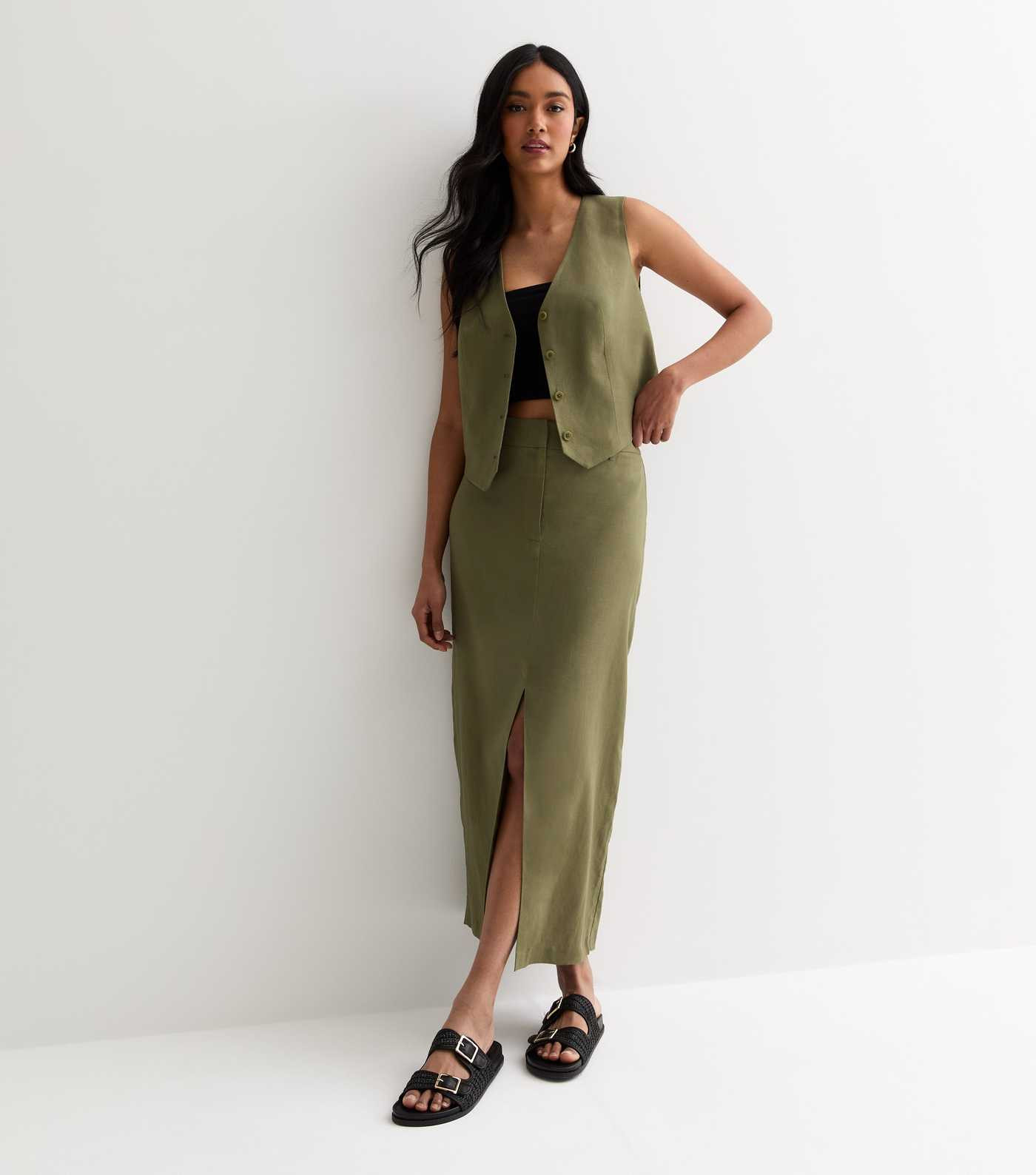 Khaki Linen Blend High Waist Split Front Midi Skirt | New Look | New Look (UK)