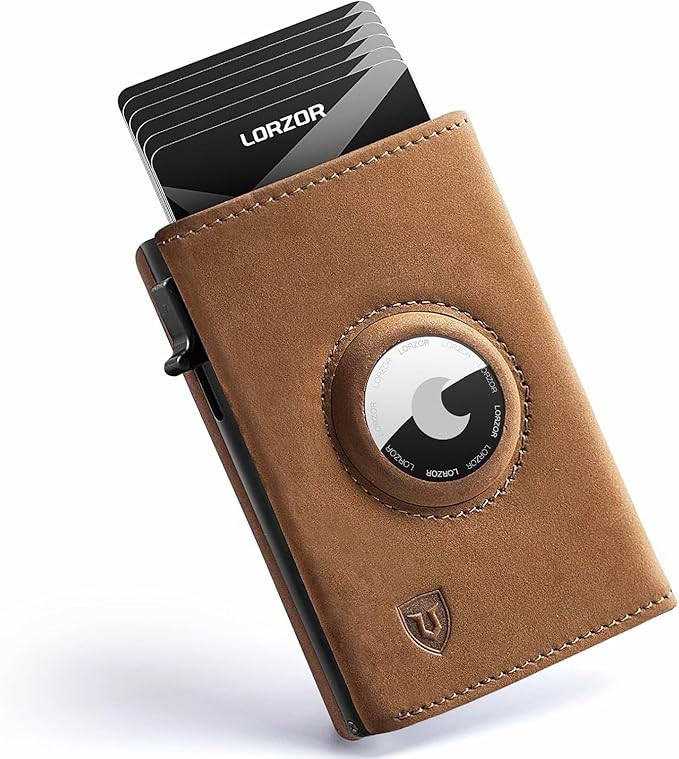 LORZOR AirTag Wallet - Full Grain Leather, Mens Minimalist Wallet with Apple Air Tag Holder, Slim... | Amazon (US)