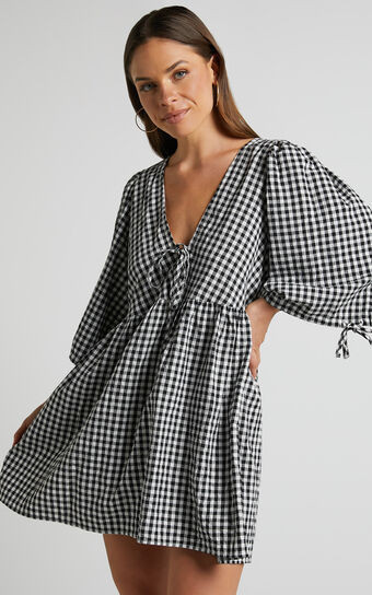 Rosita Mini Dress - Tie Front Puff Sleeve Dress in Black and White Check | Showpo (US, UK & Europe)
