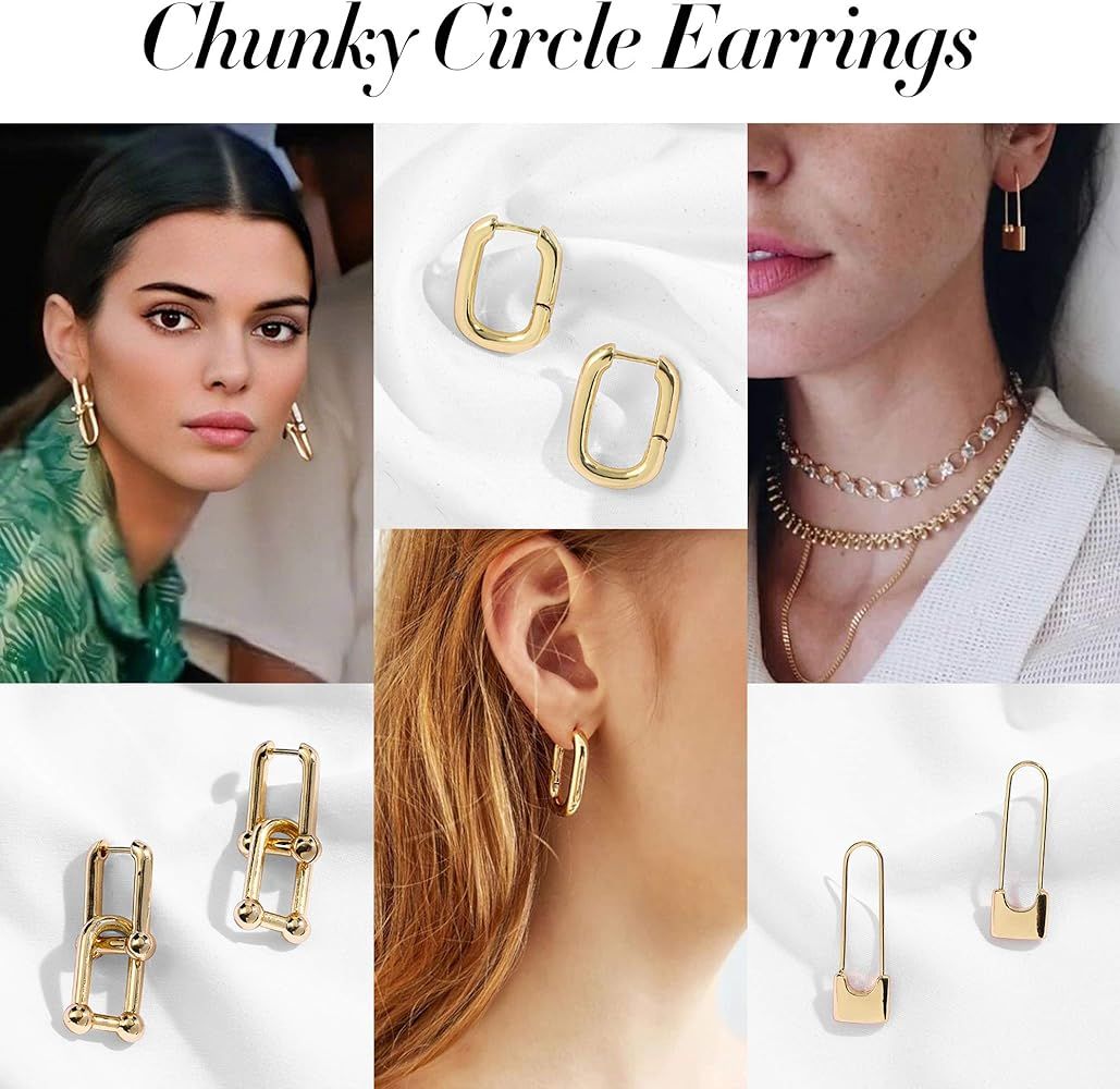 Sloong 14k Gold Plated Ball U Shape Pin Y2K Style Chunky Earring Link Chain Chunky Circle Hoop Earri | Amazon (US)