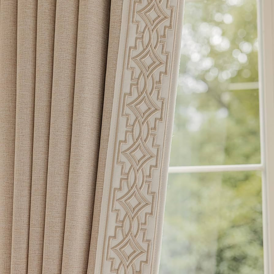 Luxury Pinch Pleat Blackout Curtains - Textured Embroidery Trim, Soft Beige, Linen Blend,Memory T... | Amazon (US)