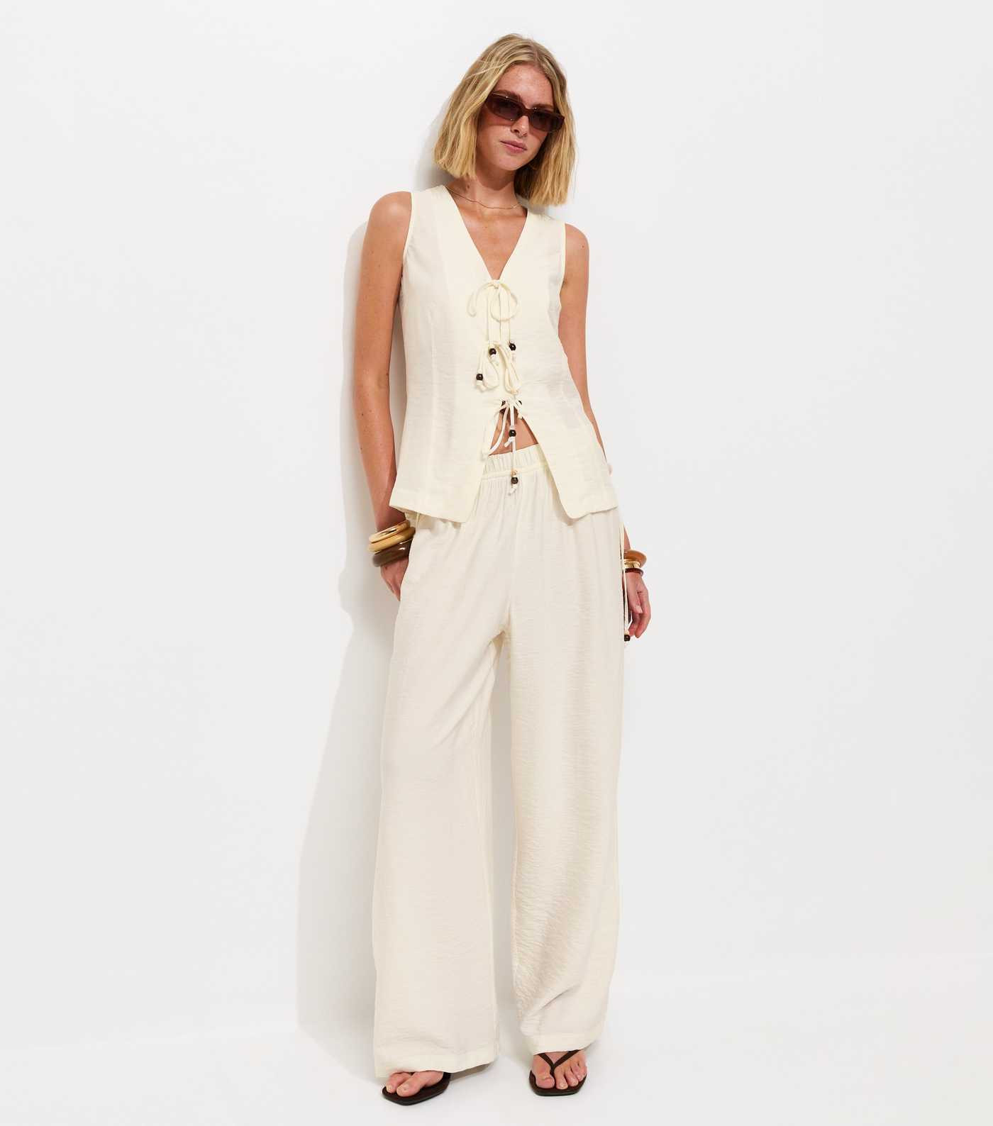 Off White Beaded Tie Wide Leg Trousers | New Look | New Look (UK)