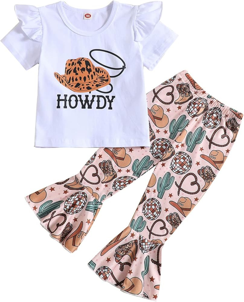 CM C&M WODRO Toddler Baby Girl Bell Bottom Outfits Western Cowgirl Flying Sleeve T Shirt + Boho F... | Amazon (US)