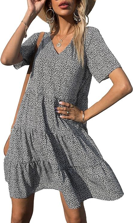 BTFBM Women Summer Tunic Dress V Neck Short Sleeve Casual Loose Cute Leopard Floral Print Babydol... | Amazon (US)