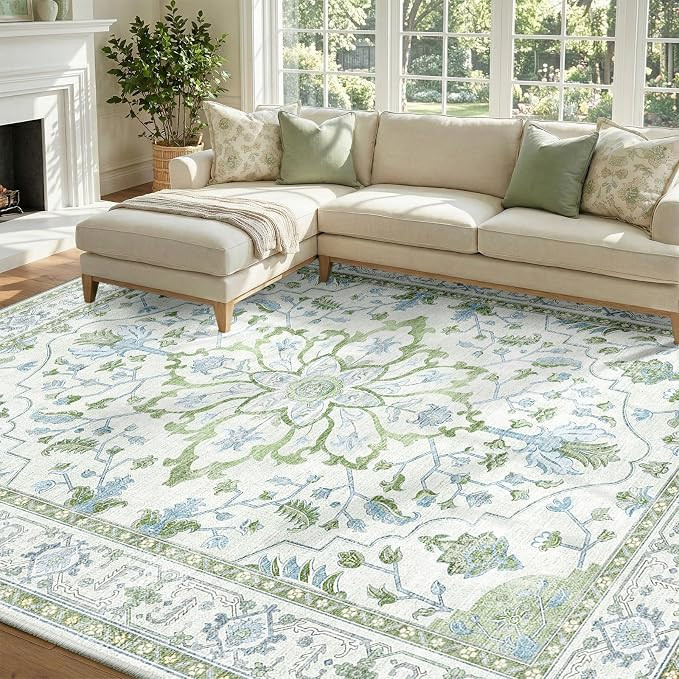 RELEANY Washable Area Rug, 8'x10', Green/White/Blue | Amazon (US)
