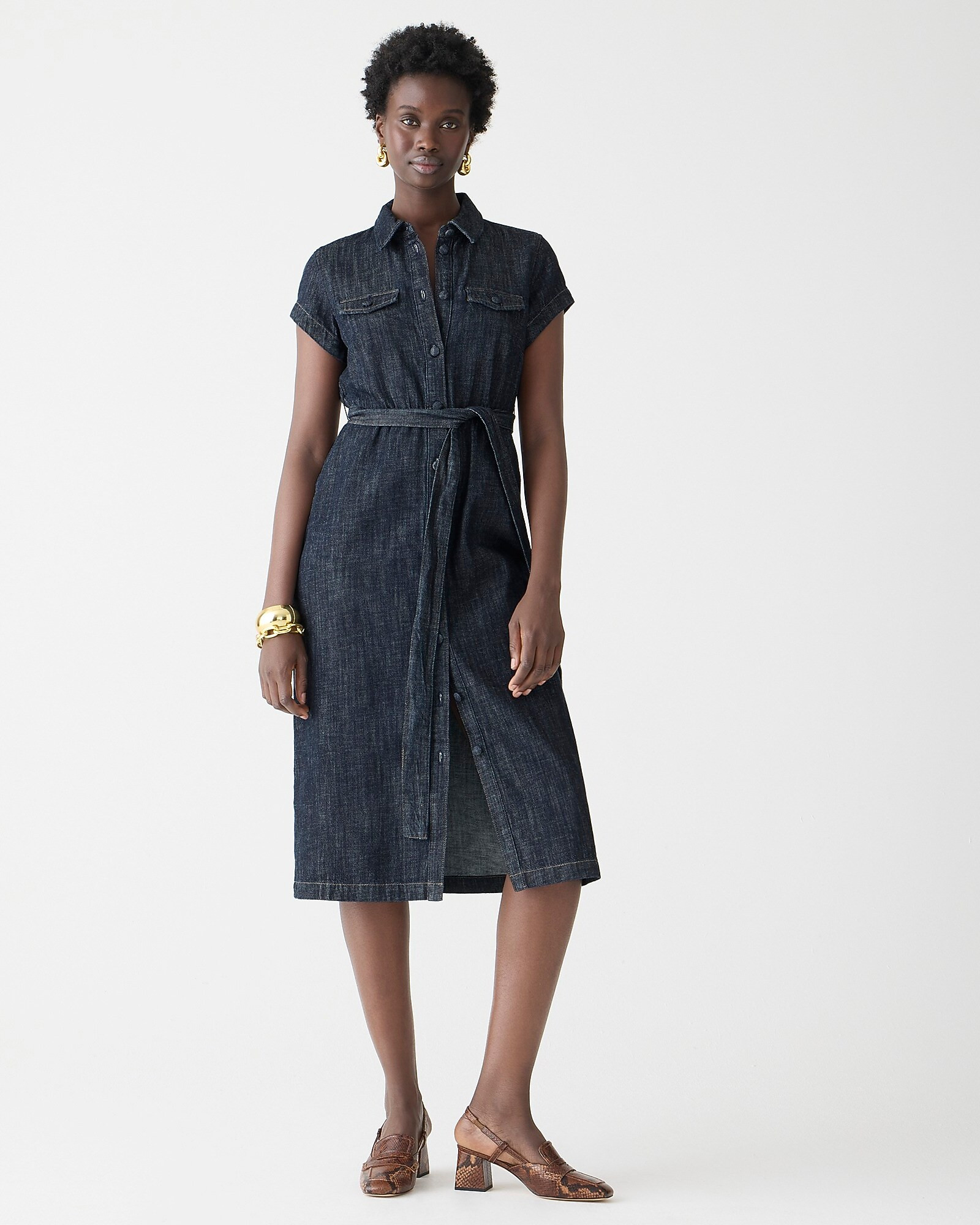 Short-sleeve tie-waist button-up denim dress | J. Crew US