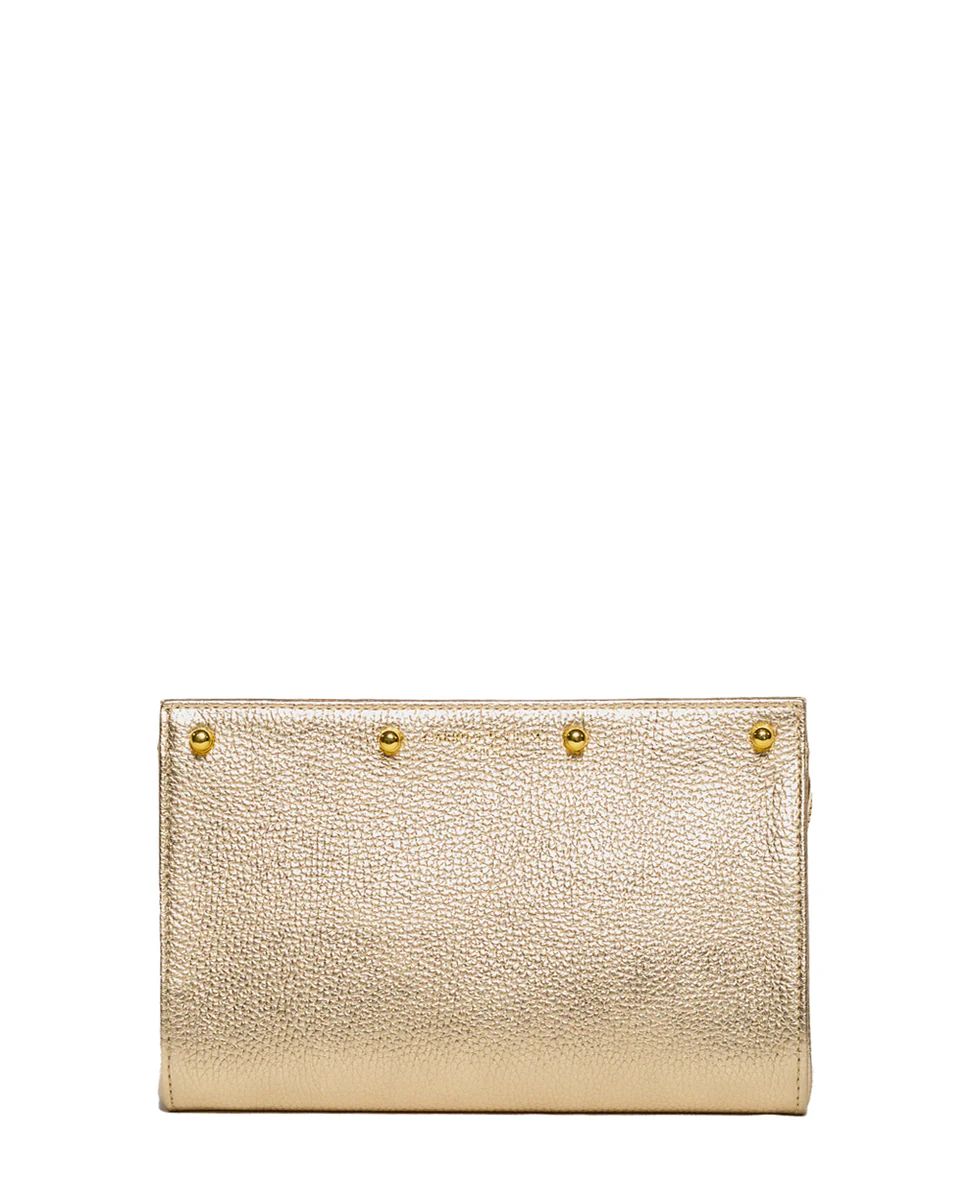 Lizzie Champagne Gold Pebble Leather Interchangeable & Convertible Clutch | CARRIE DUNHAM