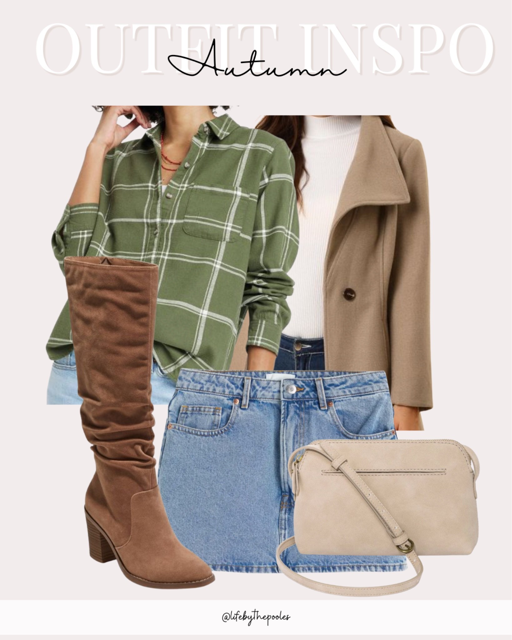 Green plaid button down, target plaid shirt, denim skirt, knee high boots, beige coat, cross body bag, thanksgiving day outfit, casual work outfit #target #ltkfall 

#LTKunder50 #LTKshoecrush #LTKstyletip