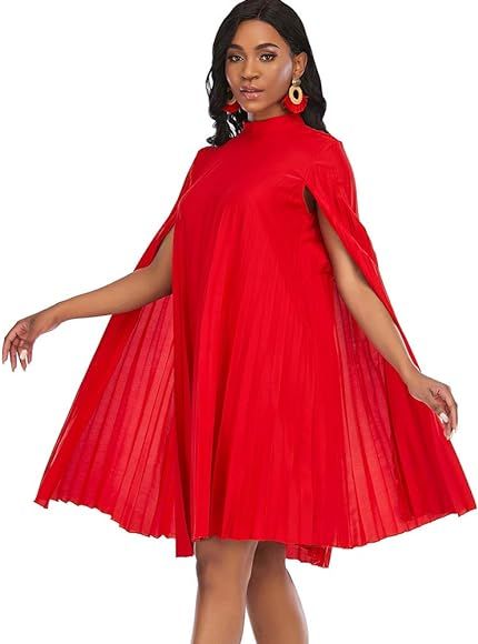 AOMEI Women's Stand Collar Pleated Cape Sleeve Loose Knee Length Dress Plus Size | Amazon (US)