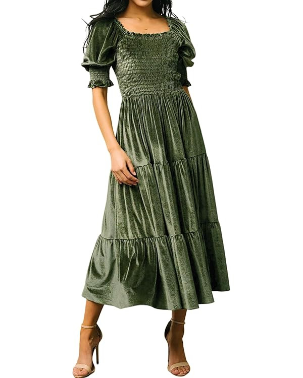 R.Vivimos Womens Fall Winter Velvet Dress Puff Sleeve Square Neck Smocked Tiered Ruffle A-Line Fl... | Amazon (US)