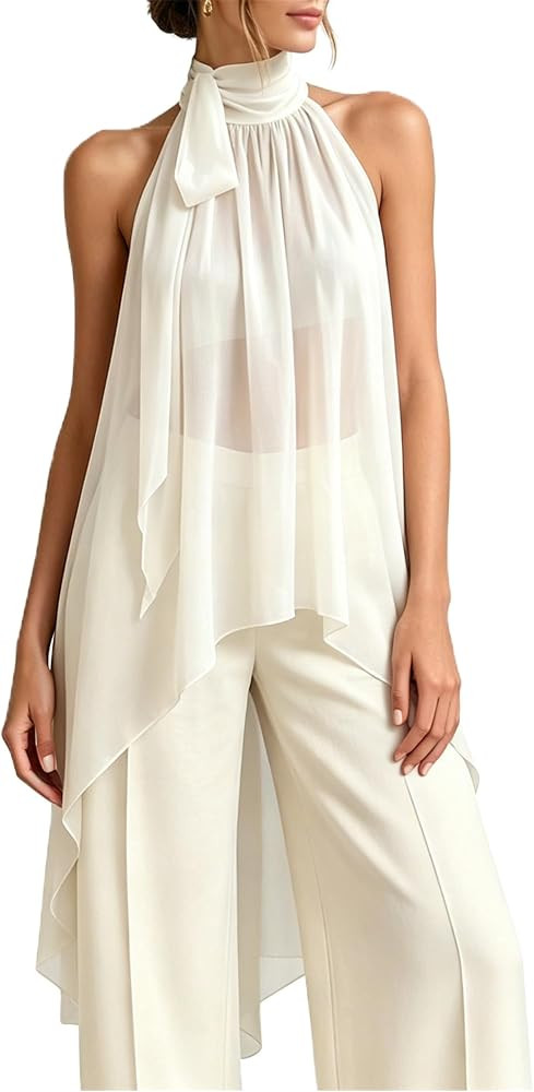Dressy Halter Tank Tops for Women Sheer Chiffon High Low Tops Bow Tie Mock Neck Sleeveless Asymme... | Amazon (US)