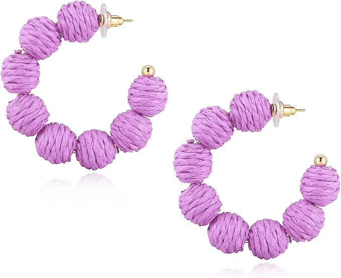 Raffia Hoop Earrings for Women Boho Colorful Rainbow Beaded Earrings Bohemian Statement Rattan Ea... | Amazon (US)