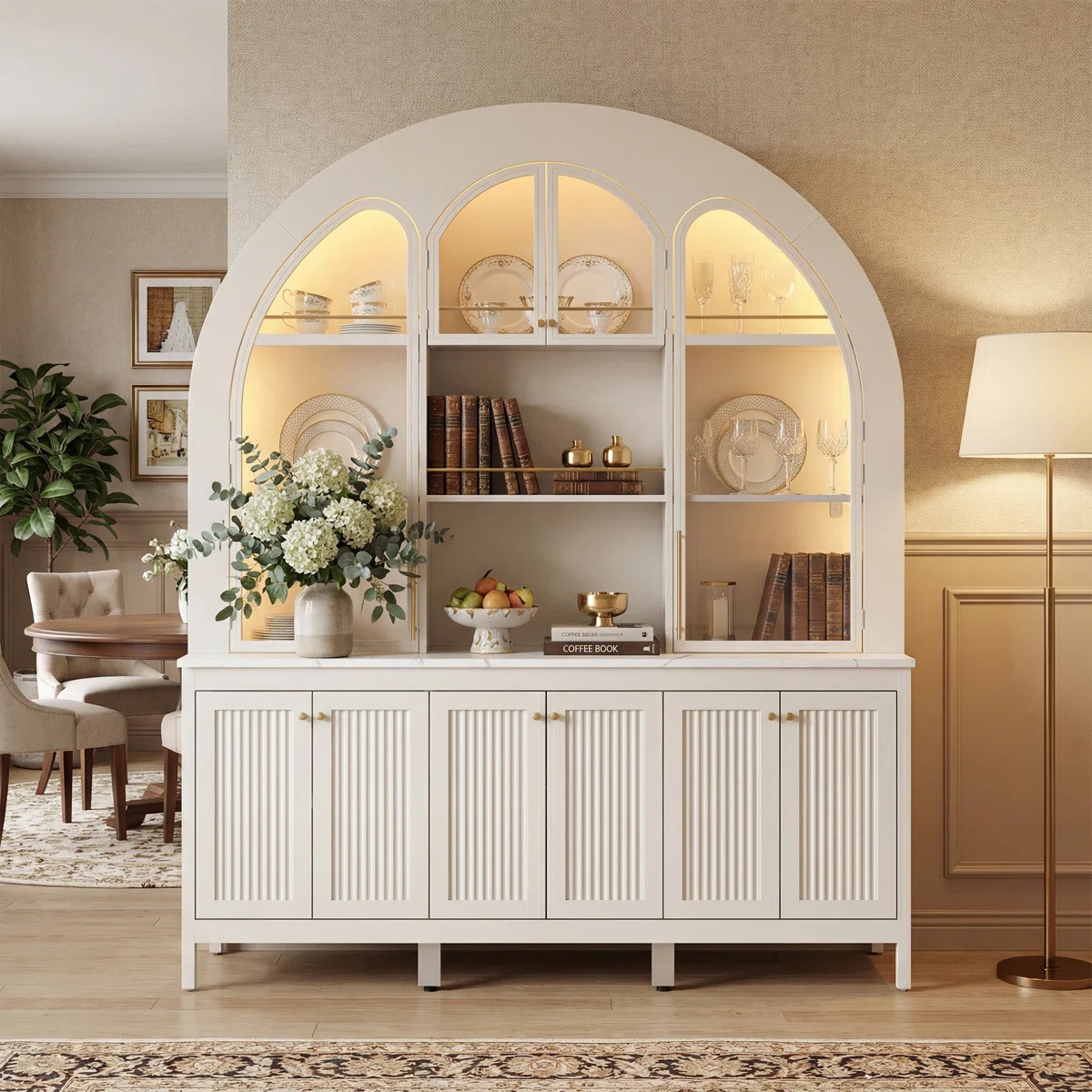Large Glass Wine Cabinet With Arched Design, Bluetooth LED Lights | Wayfair North America