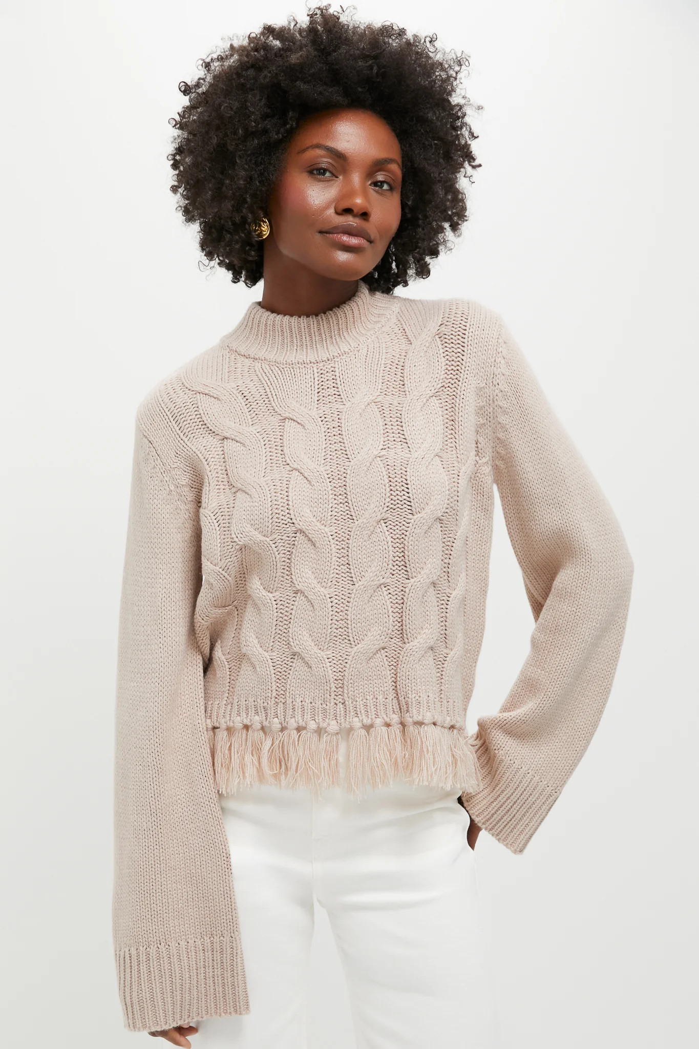 Taupe Fringe Cable Knit Carly Sweater | Tuckernuck (US)