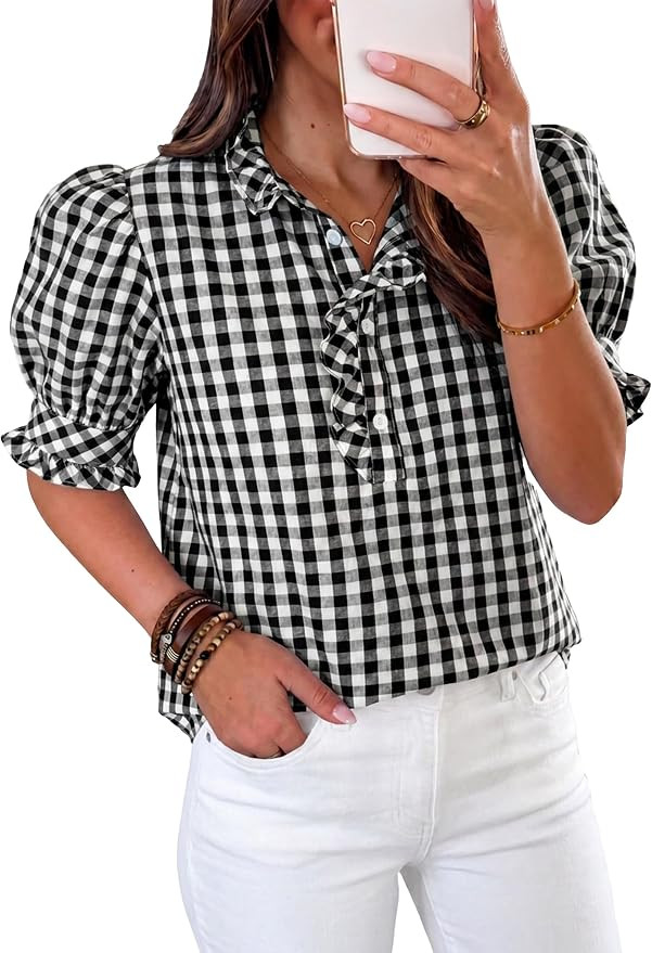 Cicy Bell Womens Summer Gingham Tops Puff Short Sleeve Ruffle V Neck Button Blouse Casual Loose F... | Amazon (US)