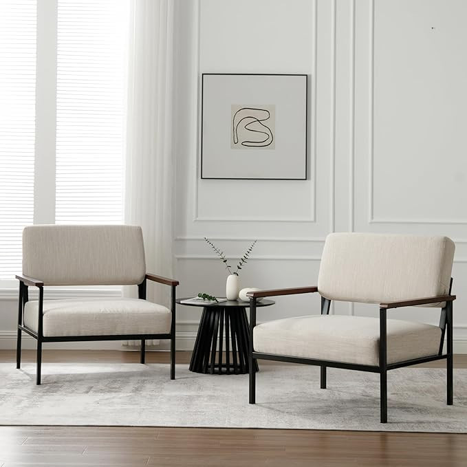 Set of 2 Mid Century Modern Accent Chair Arm Chairs, Comfy Armchair Linen Upholstered with Black ... | Amazon (US)