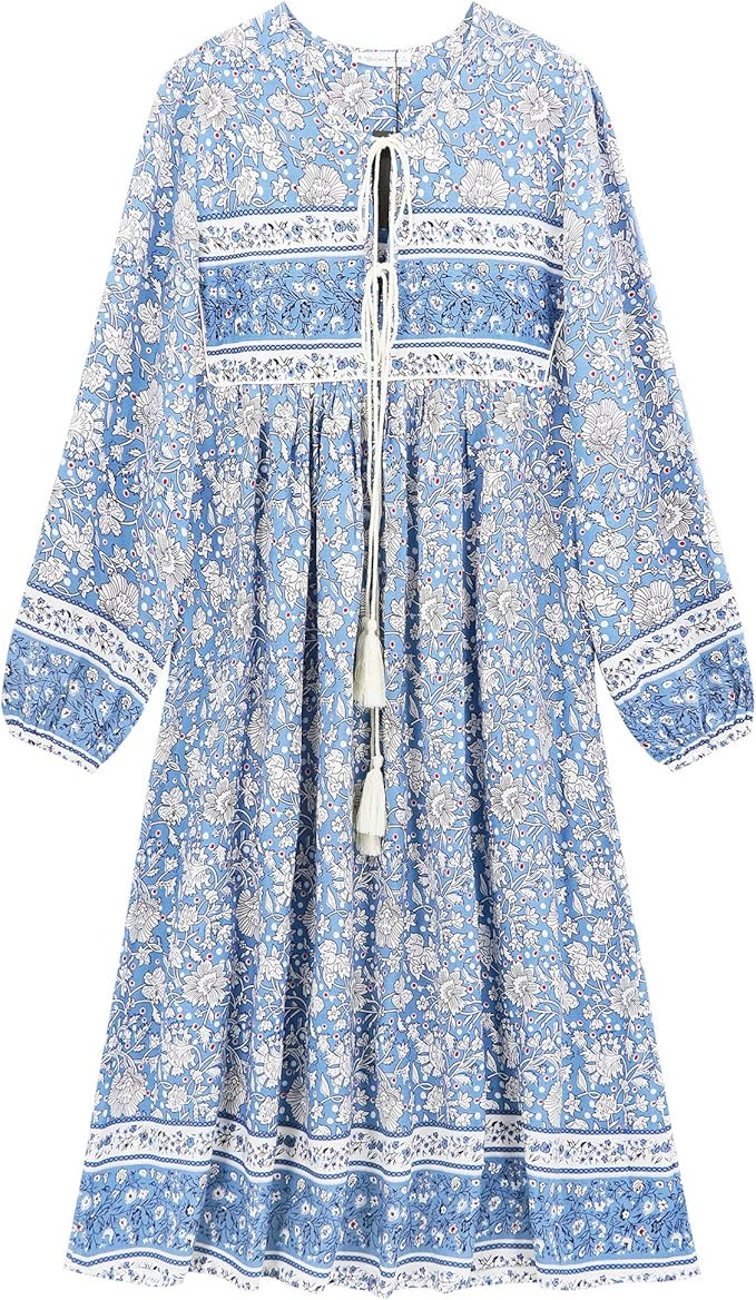 R.Vivimos Women's Long Sleeve Floral Print Retro V Neck Tassel Bohemian Midi Dresses | Amazon (US)