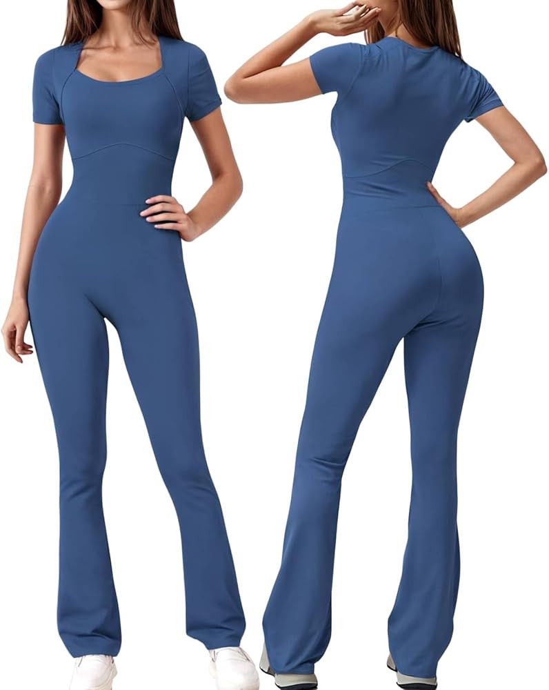 Wenlia One Piece Flare Jumpsuit for Women, Casual Short Sleeve Square Neck Flare Leg Bottoms Body... | Amazon (US)