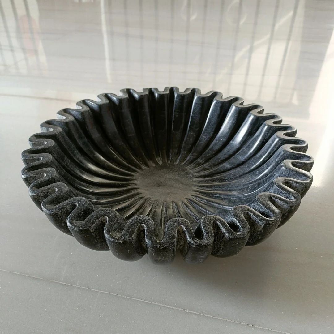 9 Inch Black Greyish Decorative Marble Ruffle Wave Ribbed Bowl Fruit Bowl for Home & Office, Gift... | Etsy (US)