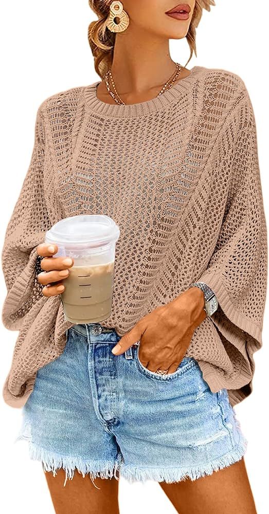 Jollycode Women's Crochet Tops Batwing Sleeve Crewneck Knit Cover Ups Hollow Out Oversized Pullover  | Amazon (US)