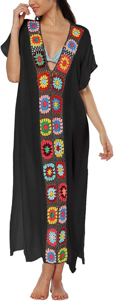Lu's Chic Women's Crochet Swimsuit Cover Up Caftan V Neck Short Sleeve Beach Kaftan Coverups | Amazon (US)