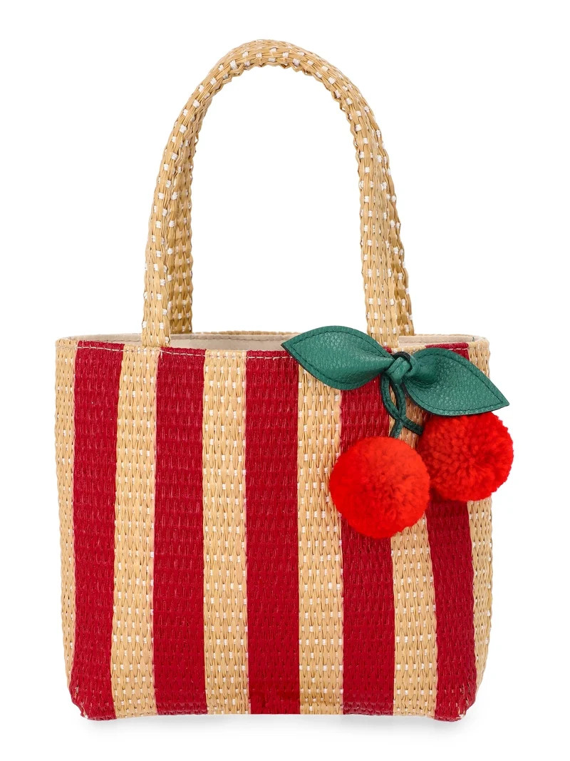 Wonder Nation Girls Straw Mini Tote Bag with Cherry Bag Charm, Red Stripes | Walmart (US)