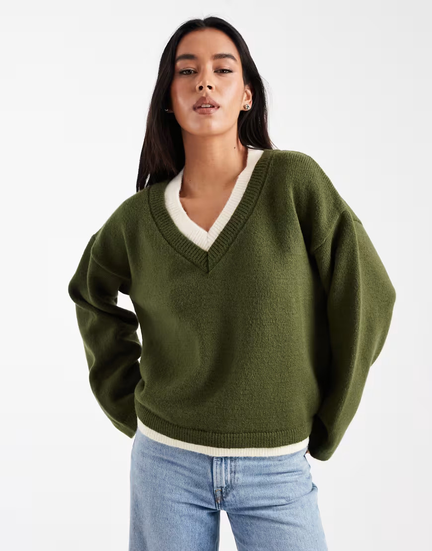 ASOS DESIGN knit v-neck sweater with double layer effect in green | ASOS (Global)