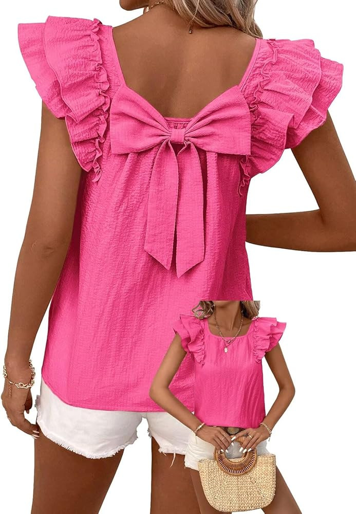 Womens Bow Tie Back Tops Round Neck Ruffle Short Sleeve Shirts Cute Babydoll Chiffon Tee Women Su... | Amazon (US)
