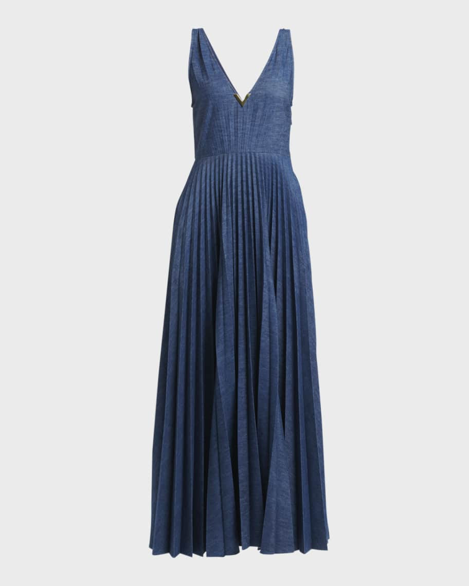 Valentino Garavani V-Logo Pleated Denim Midi Dress | Neiman Marcus