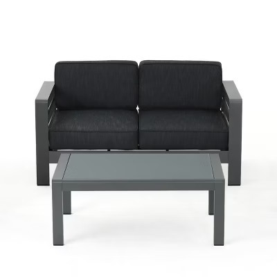 GDFStudio Liam Outdoor Aluminum Loveseat and Coffee Table Set with Cushions, Gray/Dark Gray | Target