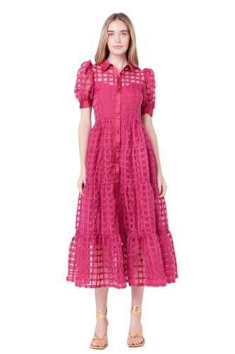 English Factory Women's Gridded Organza Tiered Maxi Dress, Bordeaux, S | Amazon (US)