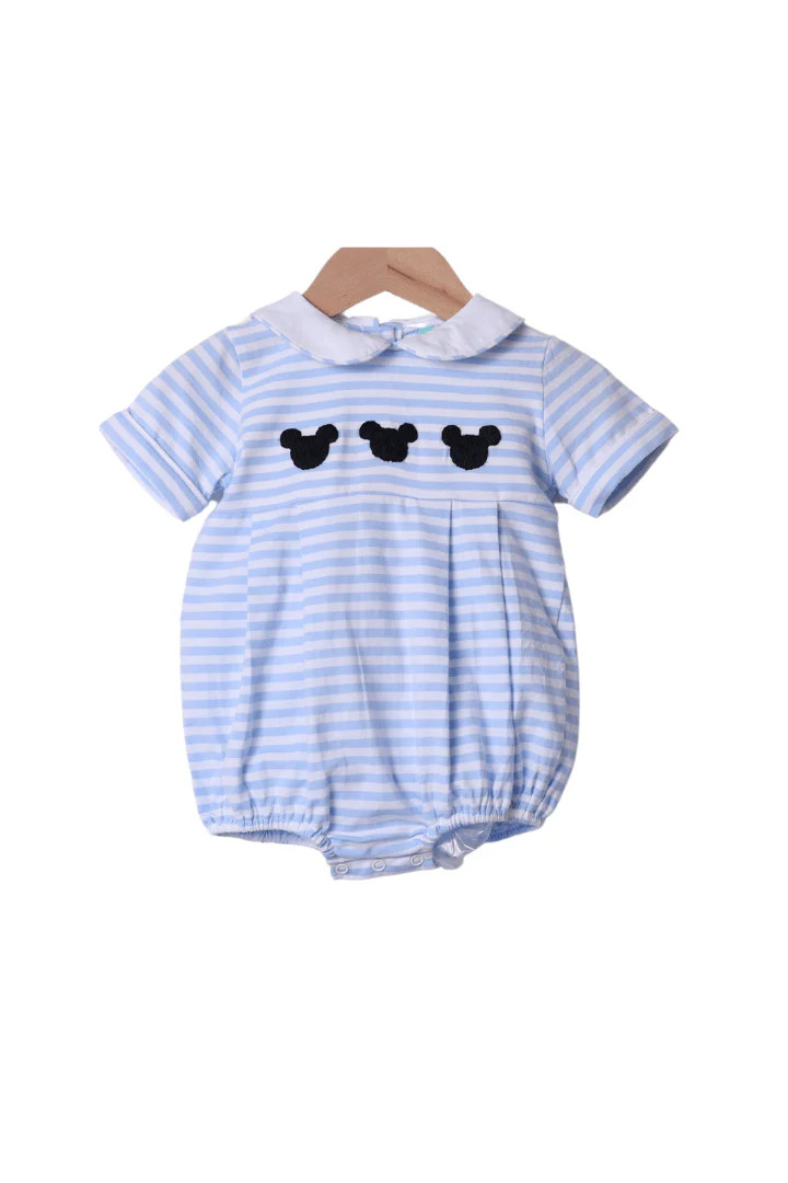 Hand Embroidered Mouse Blue Stripe Knit Bubble | The Smocked Flamingo