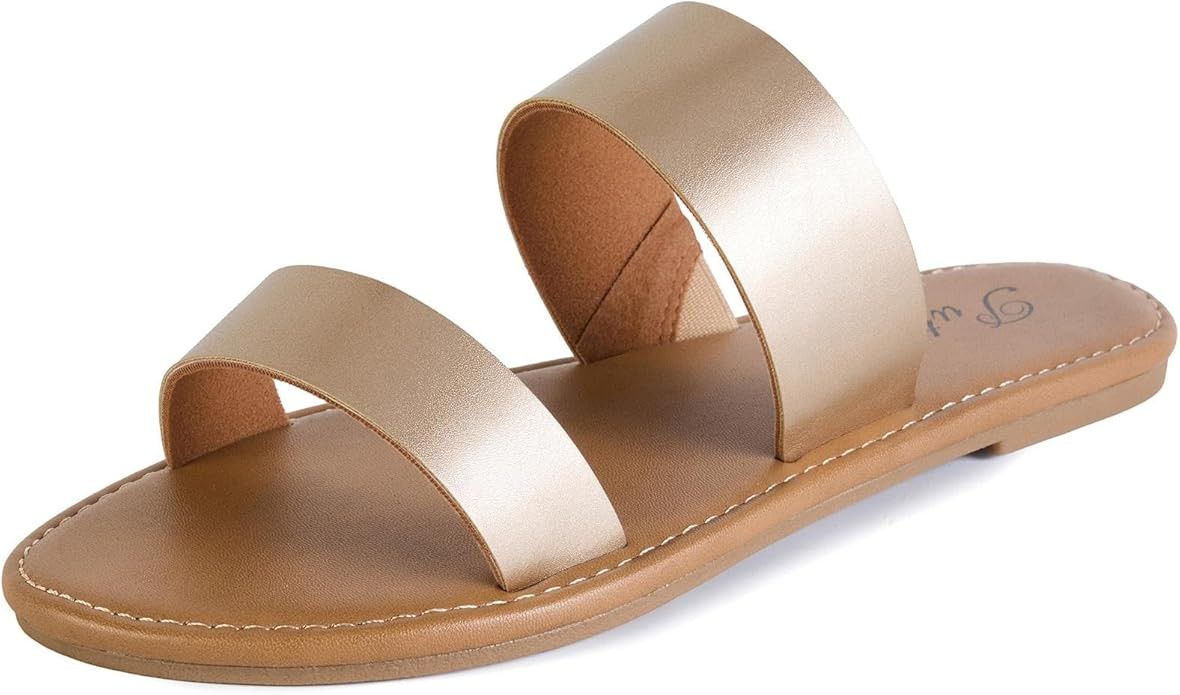 Putu Women's Two Strap Flat Sandals Casual Slide Sandals Slip on Summer Sandals | Amazon (US)
