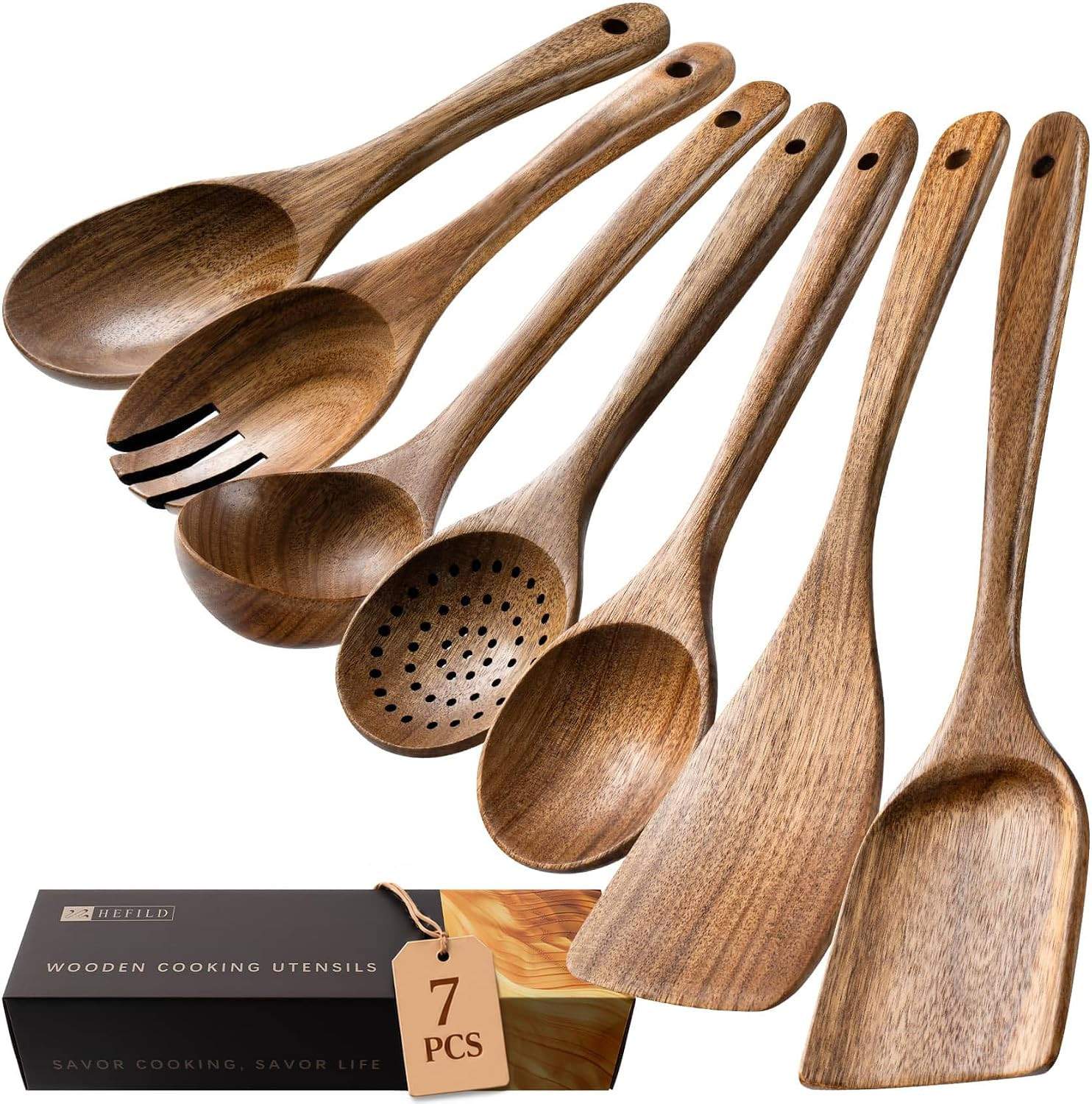 Wooden Spoons for Cooking, 7-Piece Acacia Wood Cooking Utensil Set | Amazon (US)