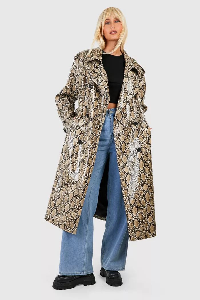 Faux Leather Snake Print Maxi Trench Coat | boohoo (US & Canada)